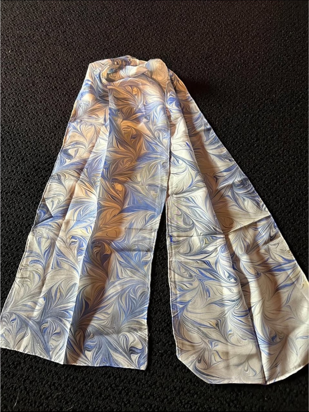 Silky Marbled Swirl Print Scarf  - Blue & Cream